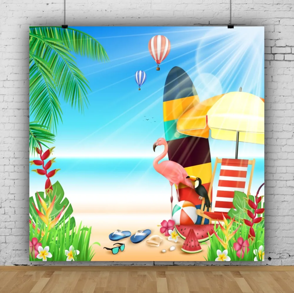 Laeacco Tropical Sunny Beach Flamingo Hot Air Balloon Baby Cartoon Photography Backdrops Photographic Backgrounds Photo Studio