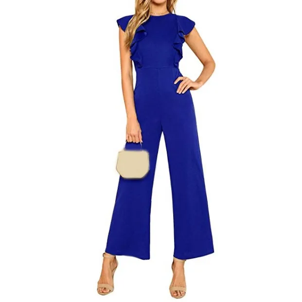 Fashion Women Sleeveless Office Overalls Summer Slim Ruffled Jumpsuit O-Neck Long Wide Leg Romper