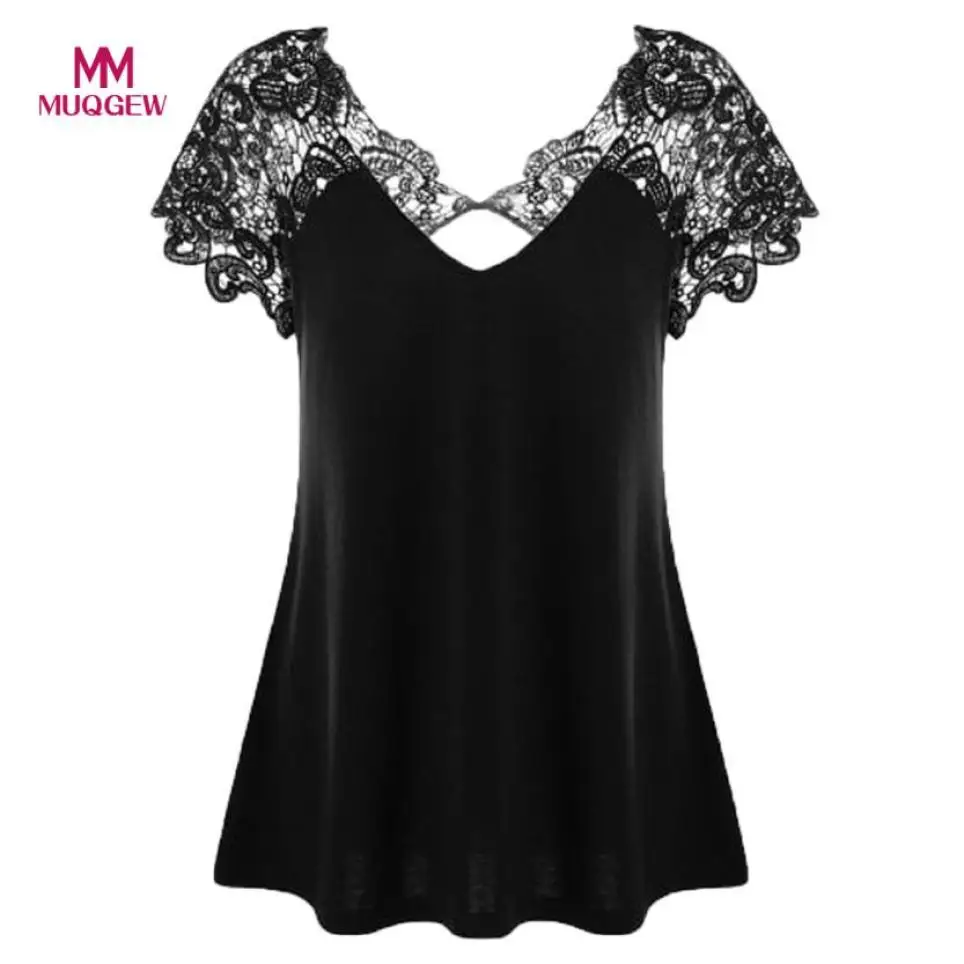 

2018 Womens Fashion V-Neck Plus Size Lace Short Sleeve Trim Cutwork T-Shirt Tops plus size Lace poleras de mujer moda 2018