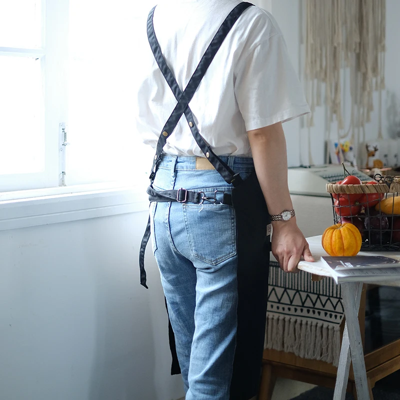 2020 New Adjustable Canvas Work Apron with Tool Pockets Black kitchen aprons for woman man Cross-Back Straps pinafore bib