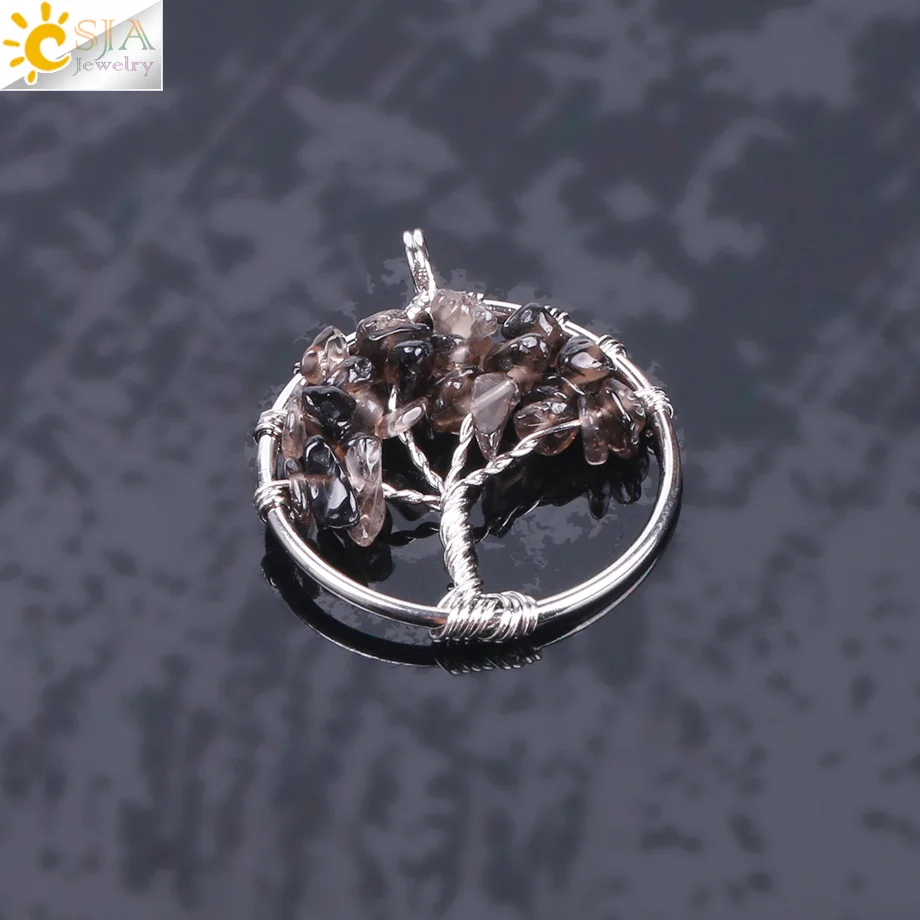 Smoky Quartz CSJA Древо жизни ожерелье и подвеска серебряный цвет кристалл натуральный драгоценный камень чип бусины 7 Чакра проволока обернутая женские ювелирные изделия F141 - Окраска металла: Smoky Quartz
