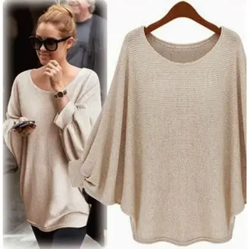 

New Fashion Autumn Knitted Women Sweaters Bat Sleeve O-Neck Loose Pullover Long Sleeved Jumper Solid Female High Street F2