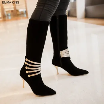 

EMMA KING 2018 New Fashion Solid Mental Decoration High Heels Woman Zipper Knee High Evening Party Thin Heels Pointed Toe Boots