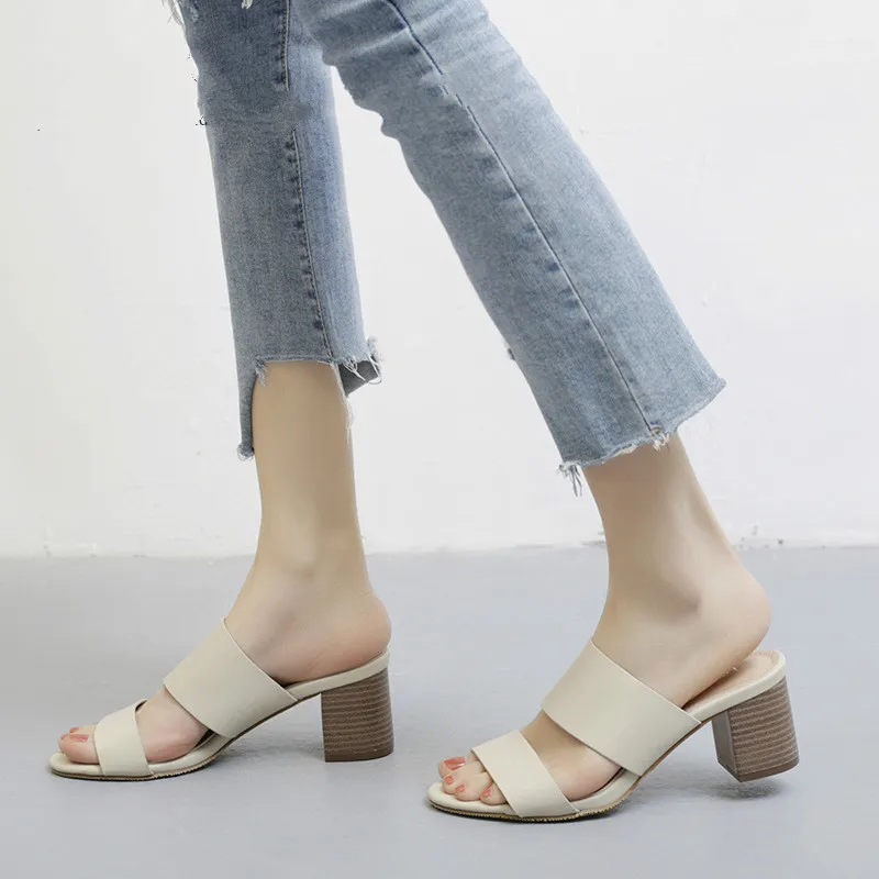 

QWEDF Summer Women High Heel Sandals Thick Heel Flip Flops Female Slip On Slippers Fashion Evening Party Shoes Ladies SQ-13