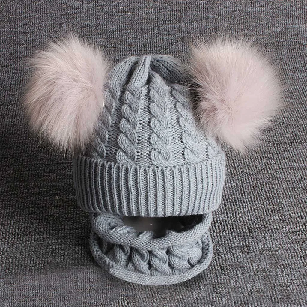 2PCS Kid Baby Hat Knitting Wool Hemming Keep Warm Winter Hiarball Cap Hat+Scarf Set Toddlers Cap Autumn Winter Fashion