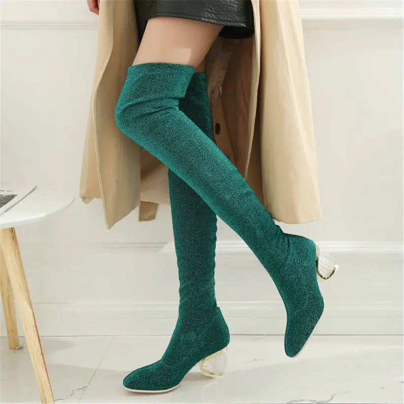 

NAYIDUYUN 2019 Thigh High Boots Women Velvet Rount Toe Over The Knee Boots Lady Stretchy Slim Leg High Heel Party Pumps Shoes