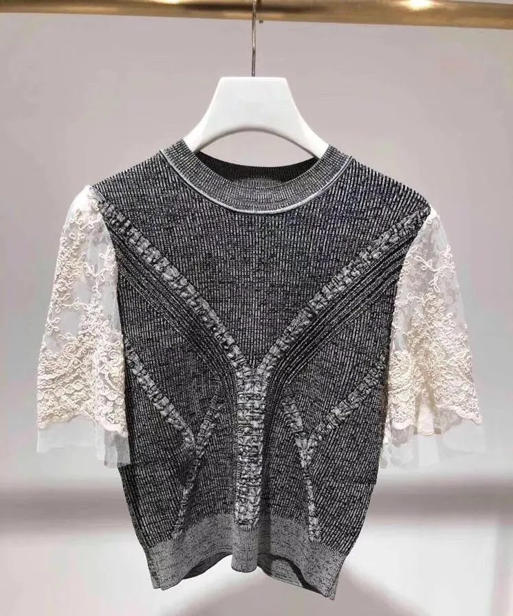 New 2019 Autumn women's lace patchwork T-shirts Fashion knitted Tops Tee A614
