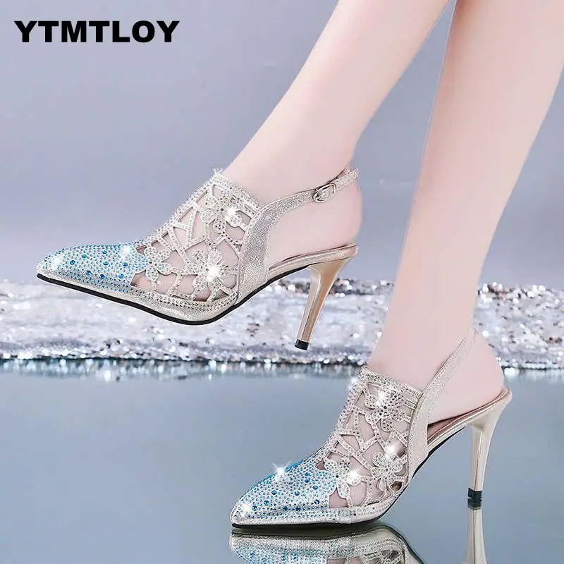 HOT Spring Sexy Pumps Fashion Rhinestones Diamond Beaded Super High Thin Heeled Pointed Toe Slingbacks Women Shoes Gold