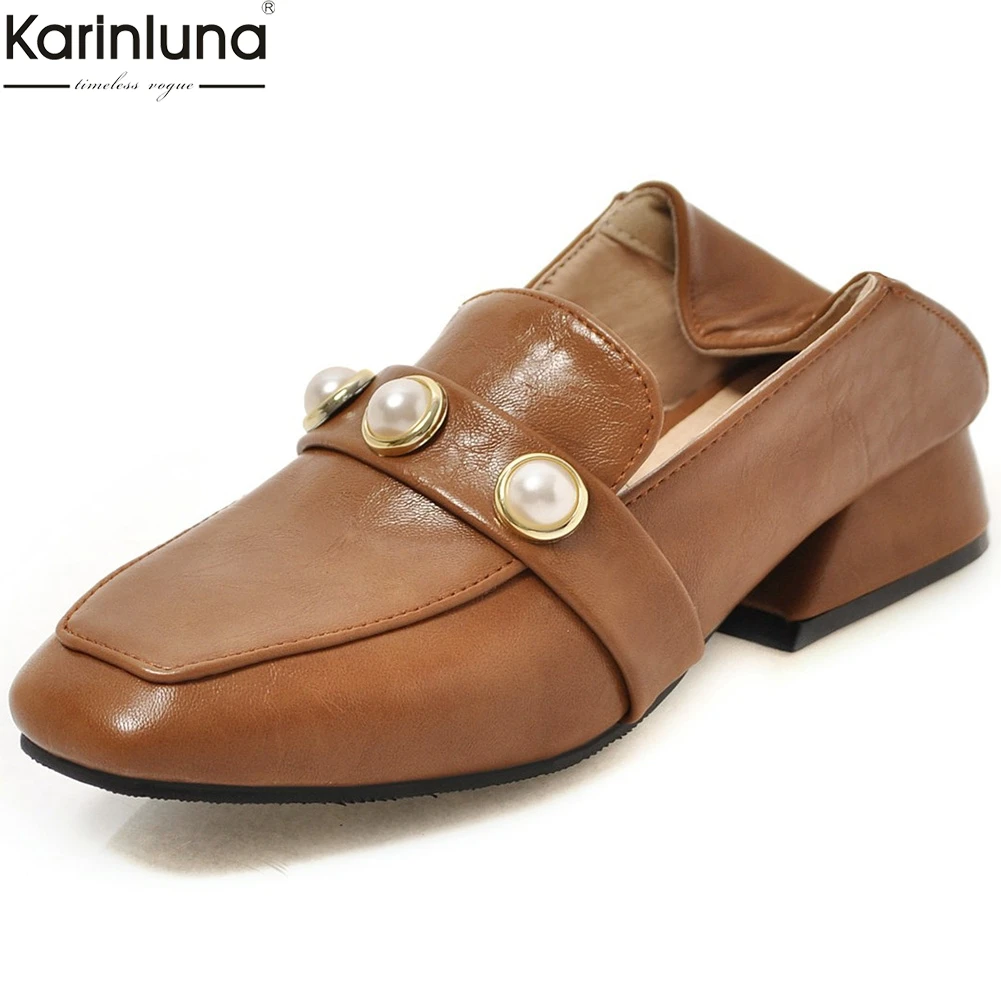 

Karinluna Fashion Plus Size 32-48 Square Toe Pearl Pumps Woman Shoes Hot Sale Slip On Hoof Heels Shoes Woman Pumps