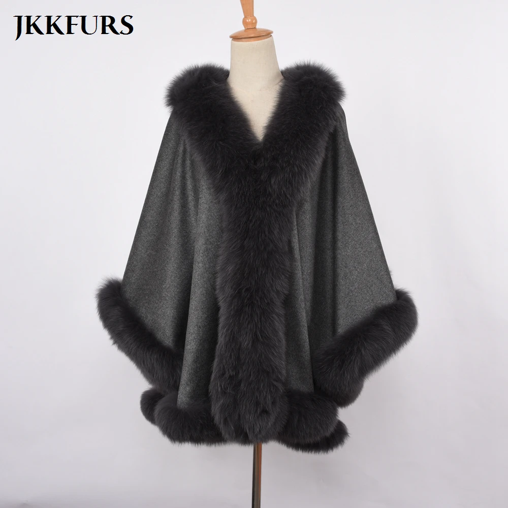 Женское модное длинное кашемировое пончо, Воротник из натурального Лисьего меха, отделка и накидка, шерстяная куртка, Осень-зима, теплое пальто из натурального меха S7356