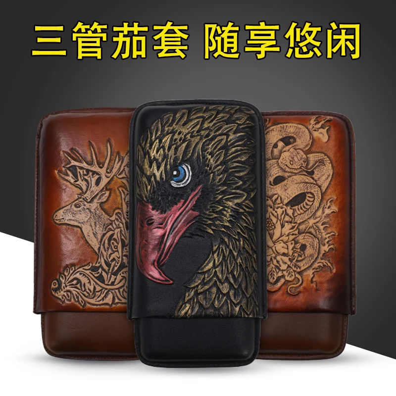 

LUBINSKI Portable Travel Soft Leather Animal Style Cigar Case Holder 3 Cigars Humidor with Gift Box Nice