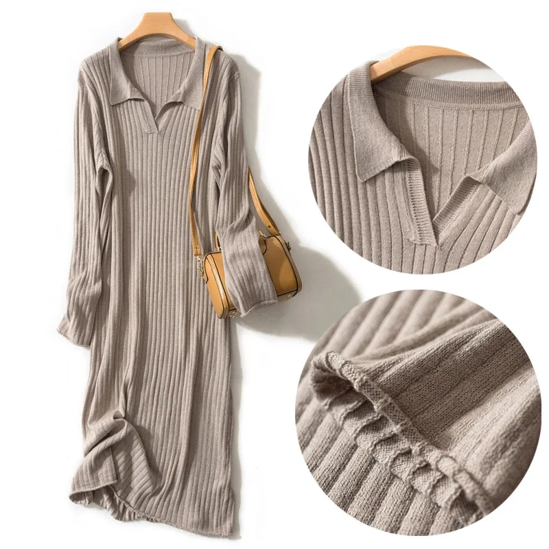 

Long Cashmere Knitted Sweater Dress Women New Striped Pure Wool Knit Sweater Dress Long Sleeve Warm Maxi Sweaters Knit Dress