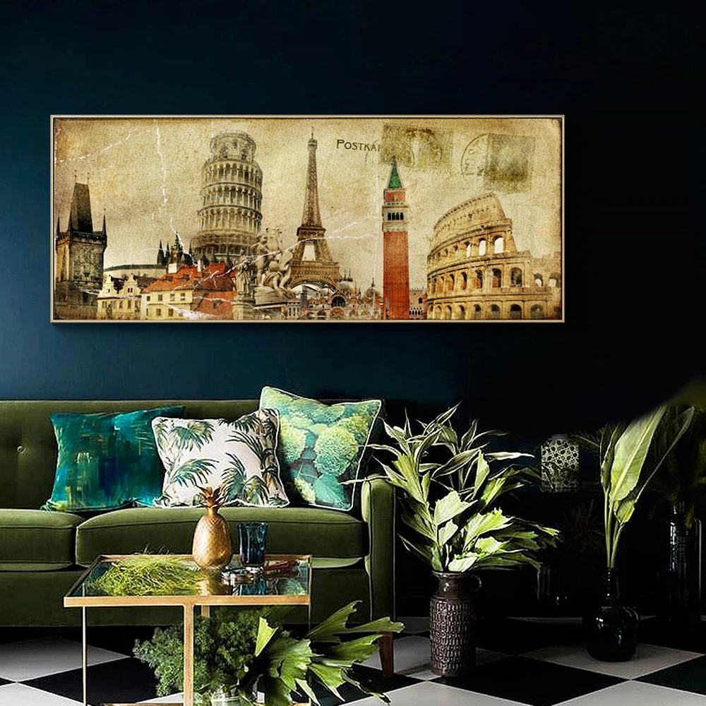 

Unframed Retro Postcard Style Canvas Print Painting of world monuments,Eiffel Tower,Leaning Tower of Pisa,Roman Colosseum,LZ721