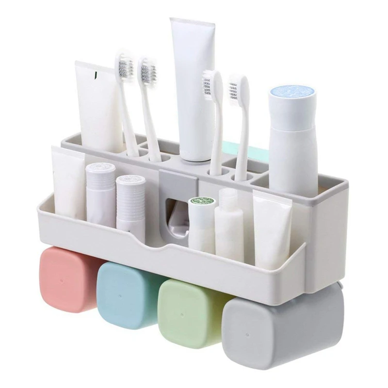 

Toothbrush Holder Set, Save Space No Drill Wall Mount Toothpaste Dispenser and Multi-Functional Slots Bathroom Organizer with