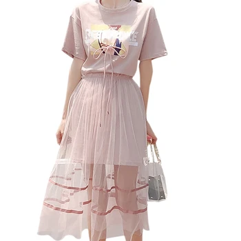 

Sexy Mesh Dress + Short Sleeve Printed T-shirt Dress 2 Pieces Set Summer Beach Dress Vestidos Summer