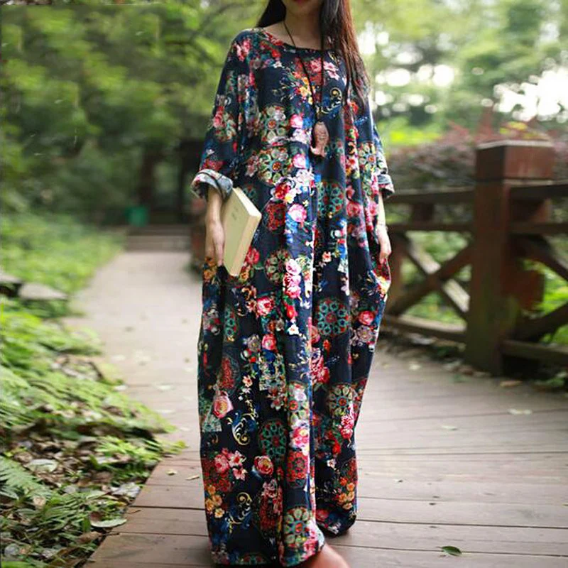 

New Women Dress Autumn Fashion Bohemian Style Casual Loose Dresses Plus Size Long Sleeve Floral Cotton linen Girl's Dress