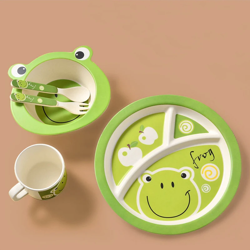 5Pcs Cartoon Bamboo Tableware Animal Baby Feeding Food Bowl Infant Kids Plate Eco-friendly Cute Children Baby Eating Food Bowl