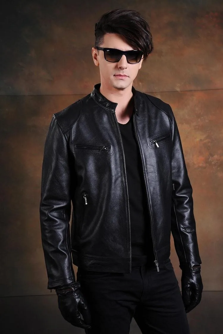 Gratis verzending. motor klassieke stijl, Plus size zachte koeienhuid Jas, mode mannen echt Lederen jas. man biker slanke jas