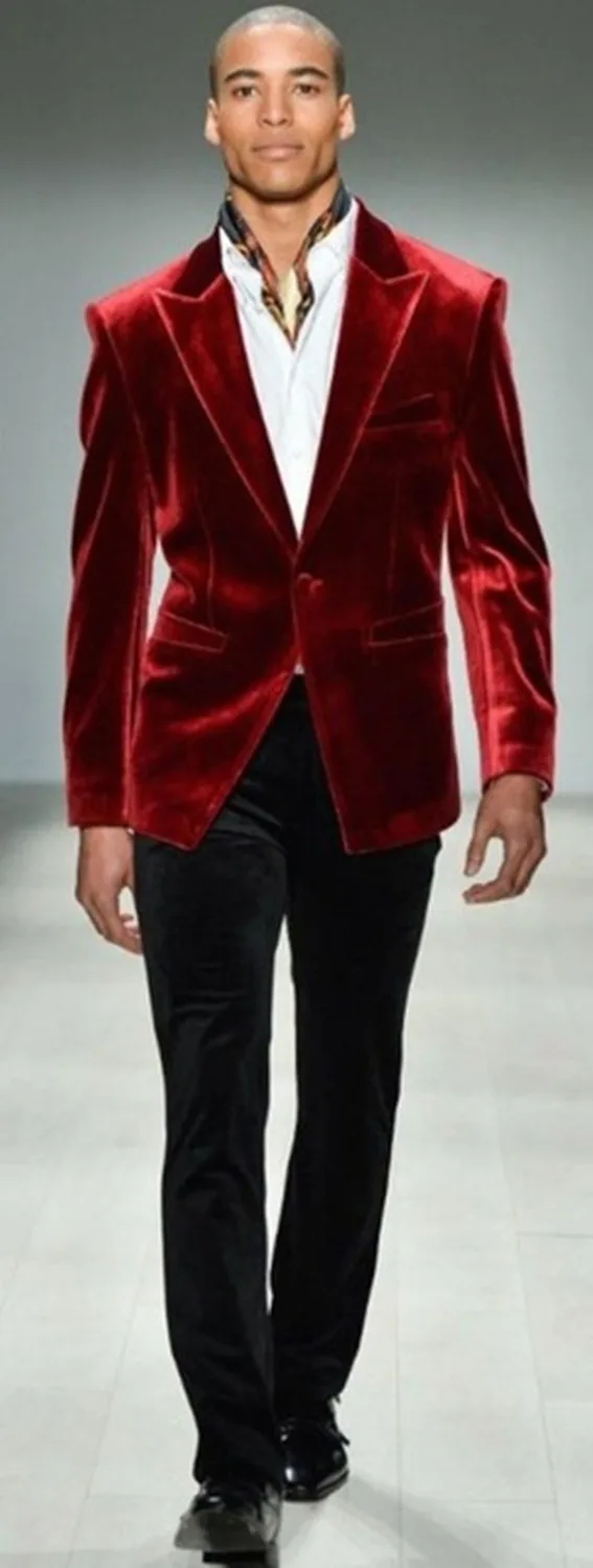 Latest Coat Pant Designs Red Velvet Men Suit Classic Skinny Prom Blazer
