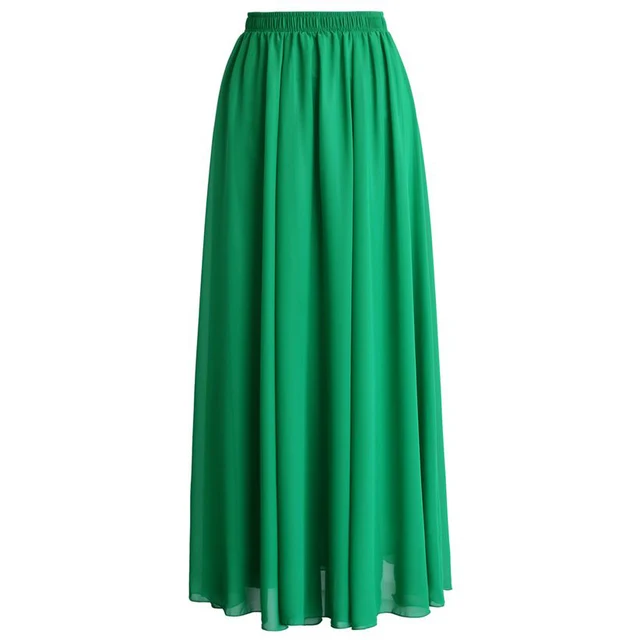 Green Long Chiffon Skirt Elastic Waist A Line Floor Length Maxi Skirt