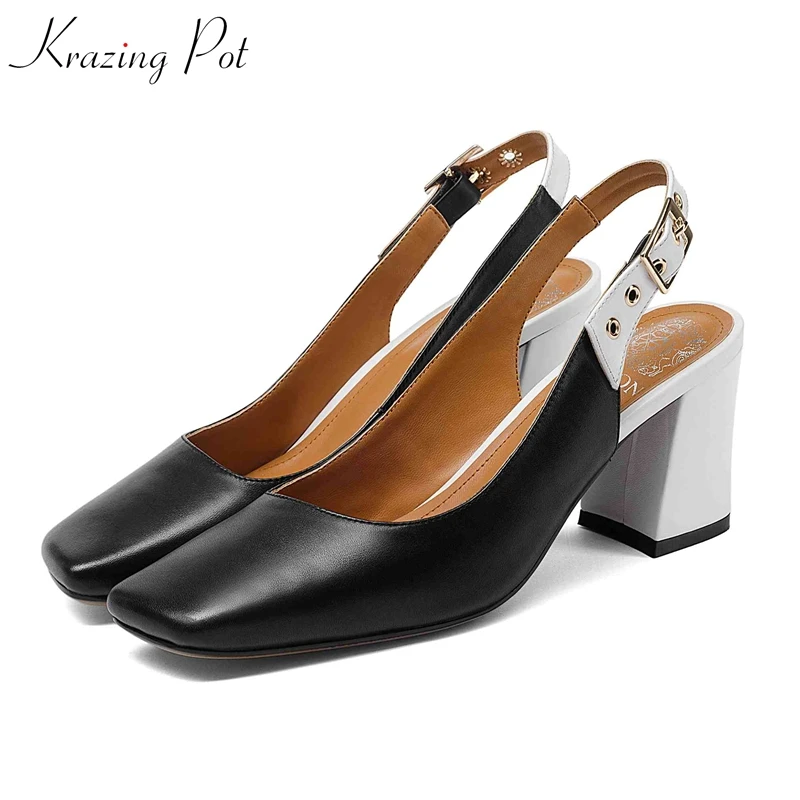 

krazing Pot genuine leather slingback metal rivets fasteners decoration thick high heel square toe mixed color women pumps L64
