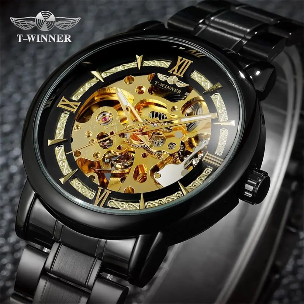 

T-WINNER Watch Men Hollow Out Luxury Automatic Design Business Fashion Men's Wristwatch Steel Belt Mechanical Watch With Box