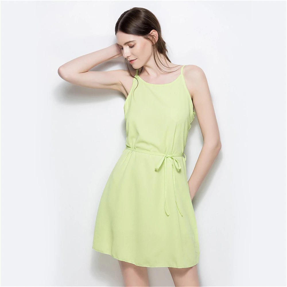 Louyebouho Women Sleeveless Slim Chiffon Dress Sexy Solid Backless Lace up Sash Party Dresses Summer Fashion Vestidos Beachwear