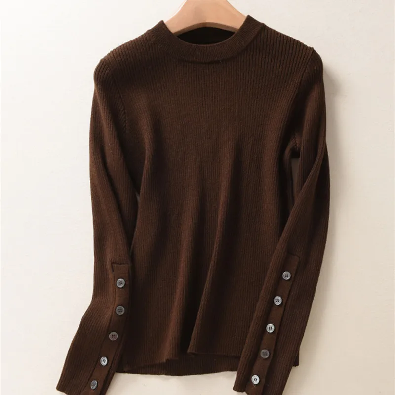 Lafarvie Spring Knitted O-neck Sweater women Wool Blended Pullover Female Sleeve With Buckle 4 Colors S-XL Slim Knitting Jumper