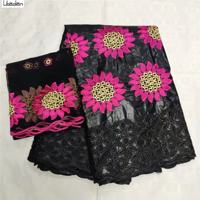 

Gorgeous black bazin riche getzner flower lace fabric bead broder with hole embroidery 5+2yard/set for clothes E97-22