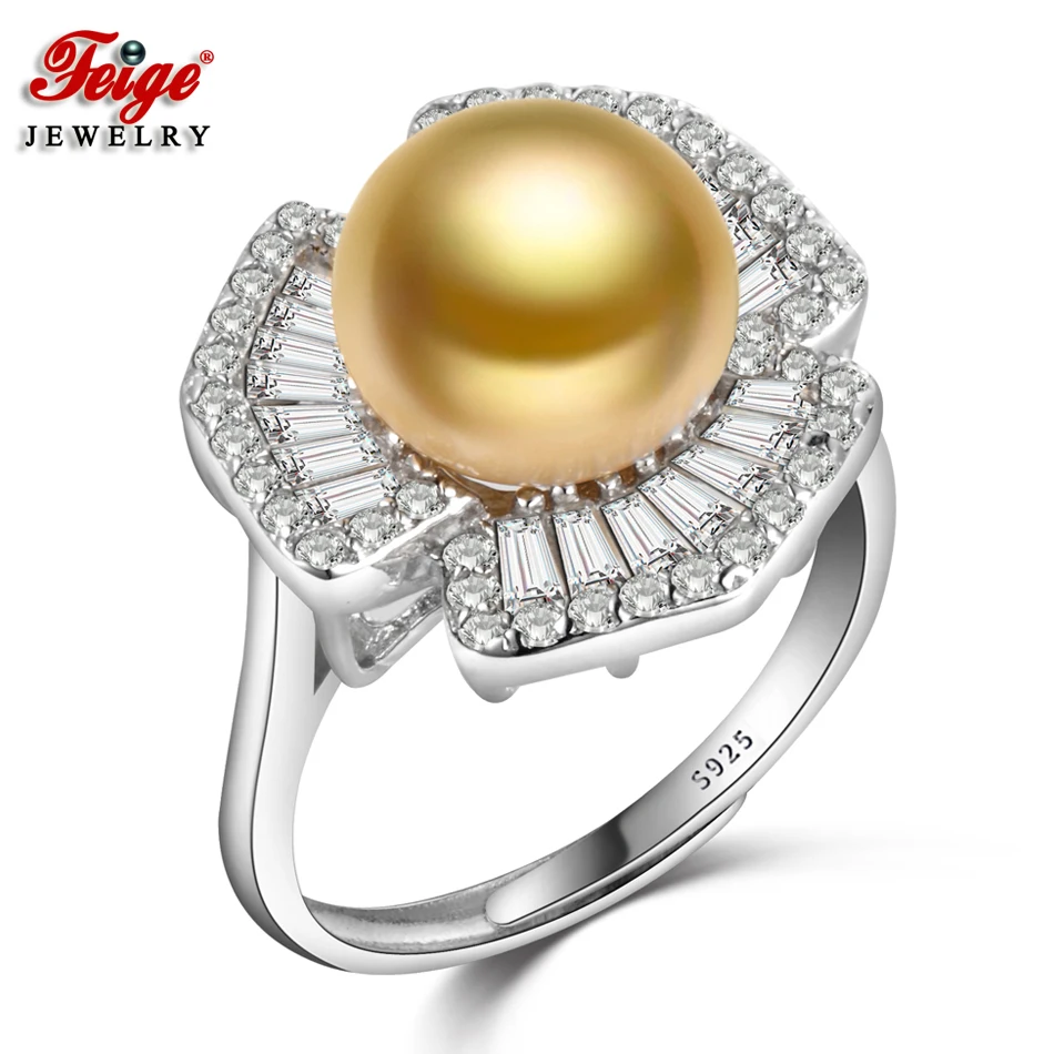 FEIGE New Fashion Luxury Pearl Ring S925 Silver Rings Inlay Cubic Zirconia 9-10MM Golden Freshwater Jewelry for Women Gift | Украшения и