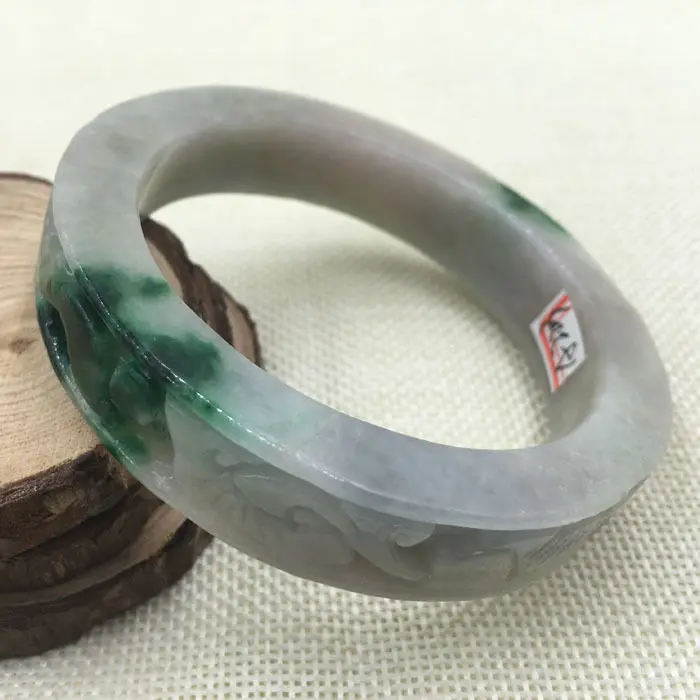 

A-2203 Chinese Hand-carved White Emerald Green Jadeite Jade Bangle Bracelet 62mm 28% 10.13