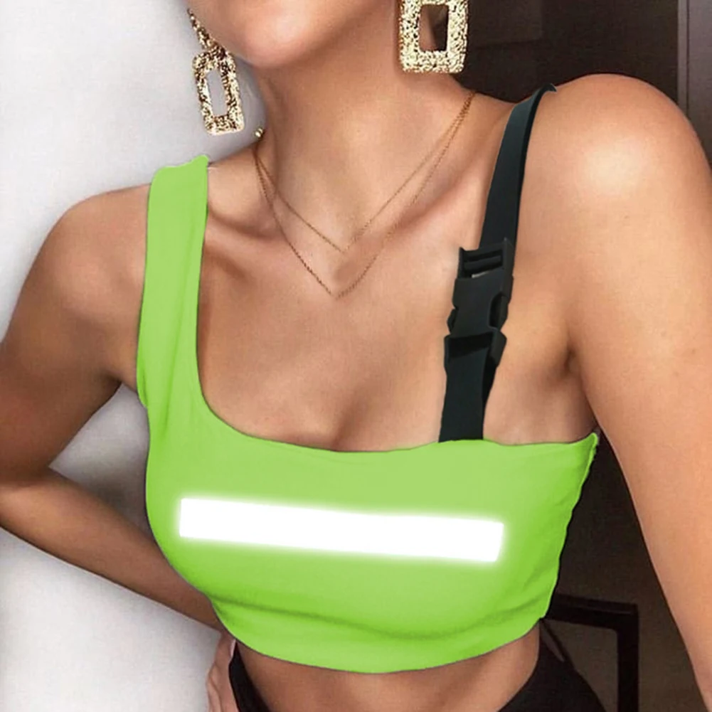 

Casual Florescence Green/Pink Streetwear Crop Top Women Summer 2019 Reflective Striped Patchwork Irregular Tank Tops