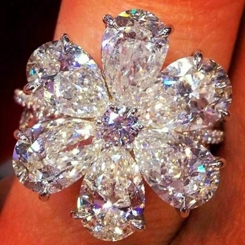 

Cute Female Crystal Zircon Flower Ring 925 Silver Big Stone Finger Ring Vintage Wedding Rings For Women Fashion Jewelry