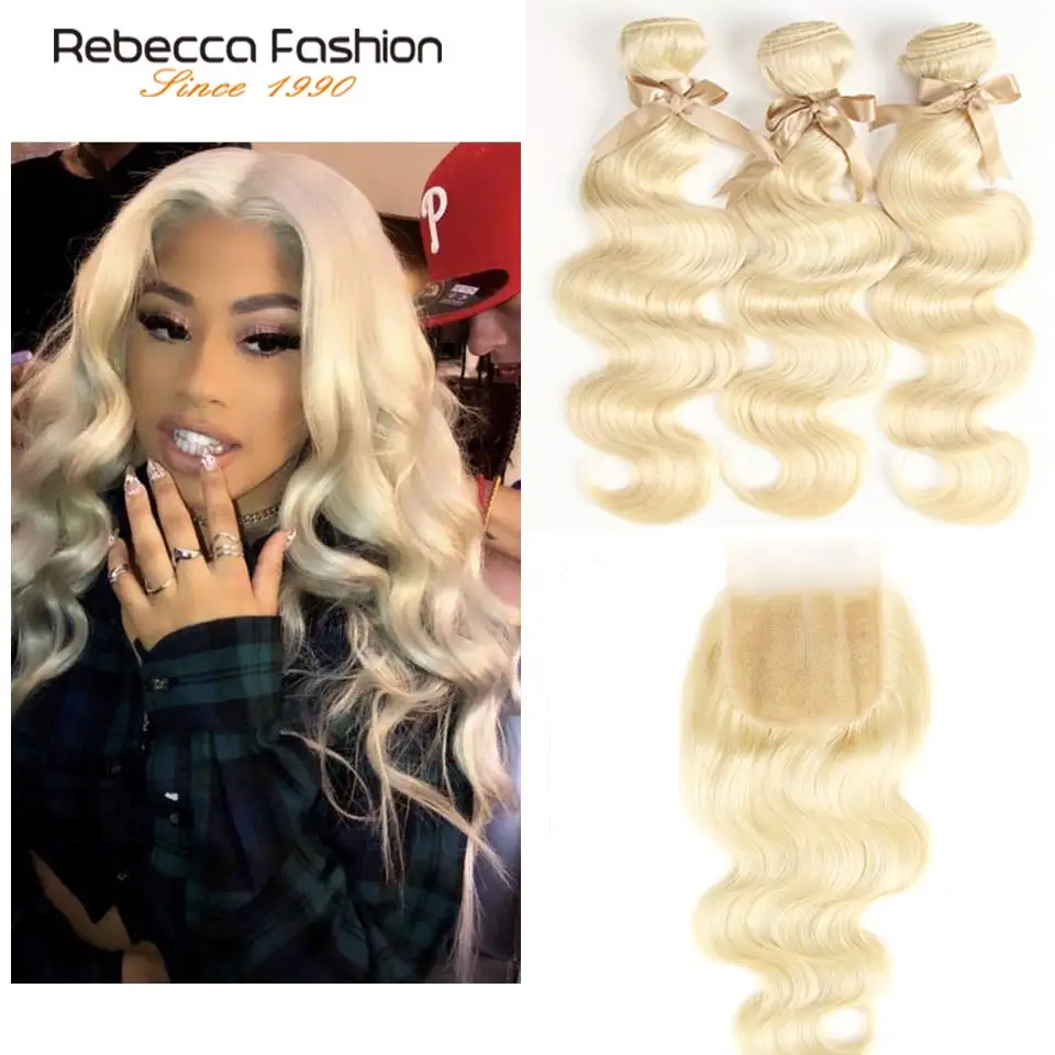 

Rebecca Fashion Peruvian Body Wave Human Hair Bundles With Closure 613 Blonde Bundles With Closure 3 Bundles With Closure