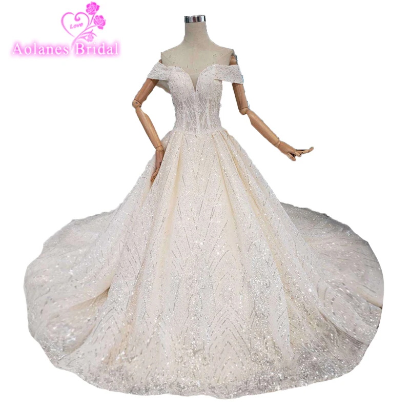 Luxury Champagne Off Shoulder Glitters Wedding Dresses 2019 High