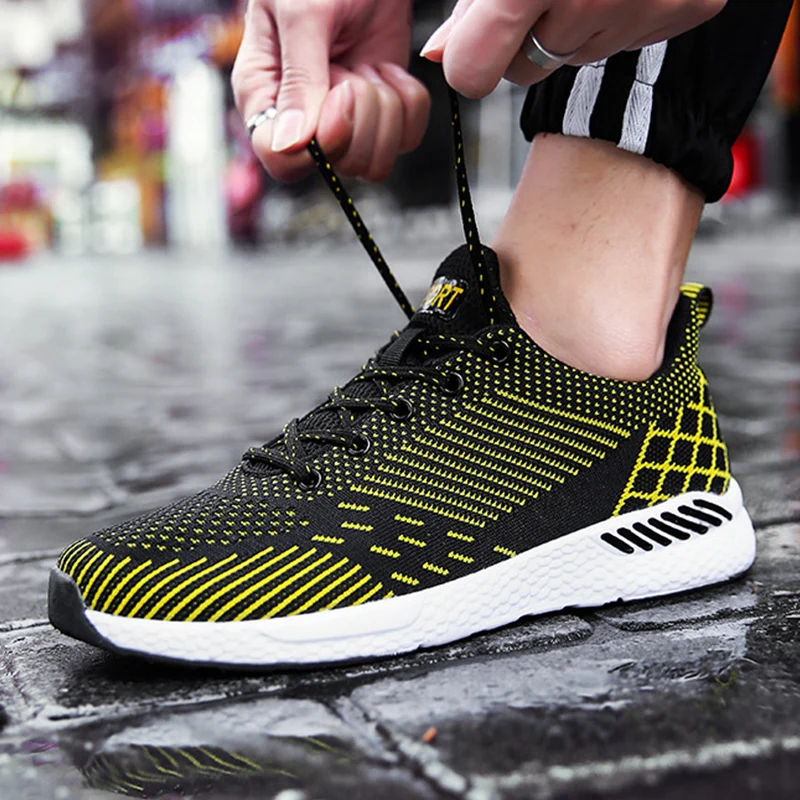 

2019 Fashion Men Shoes Casual Weaving Fly Mesh Breathable Light Soft Slipon Mens Shoe Male Trainers Sneakers Human Race F16
