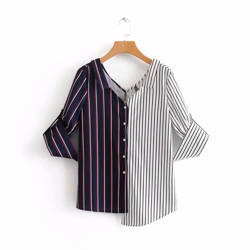 

Morrowwind Women Spliced V-Neck Long Sleeve Striped Blouse Shirt Blusas Feminino Casual Irregular Female Shirts Ladies Tops 2018