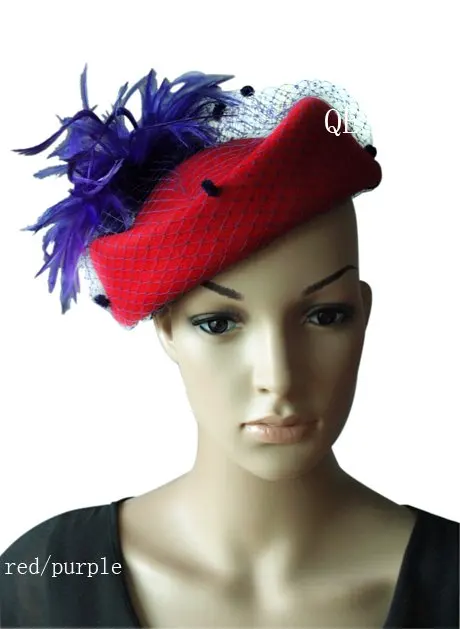 4 colors.100% шерсть фетровая шляпа/шапка для зимы гонок Свадьба Кентукки Дерби, перья, для девочки; горошек; вуалирование