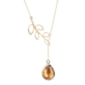 QIMING Elegant Leaf with Champagne Stone Pendant Necklace Fashion Jewelry for Girls Women Vintage Water Drop Wedding Necklaces