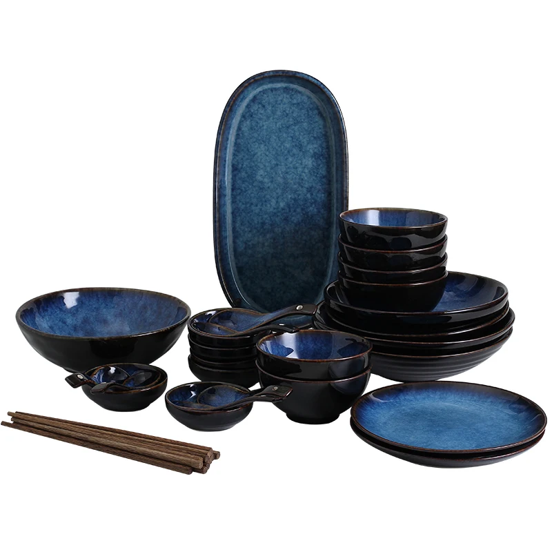 KINGLANG Ceramic Dinnerset Deep Blue Rice Noodle Bowl Cup Sauce Dish Dinner Set Tableware