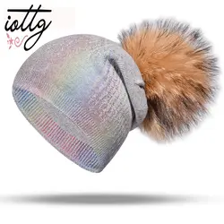 IOTTG новый красочный зимняя шапка для женщин шерсть с натуральной норки бини с помпоном Женская мода трикотажные шапки Утепленная зимняя