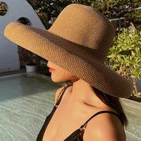 HT2303 2023 New Summer Sun Hats Ladies Solid Plain Elegant Wide Brim Hat Female Round Top Panama Floppy Straw Beach Hat Women - Image 2