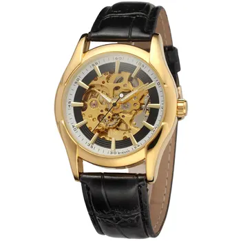 

Top WINNER Autoamtic Mechanical Men Women Watches Classic Silver/Golden Case Skeleton Dial Real Leather Strap Relogio Feminino