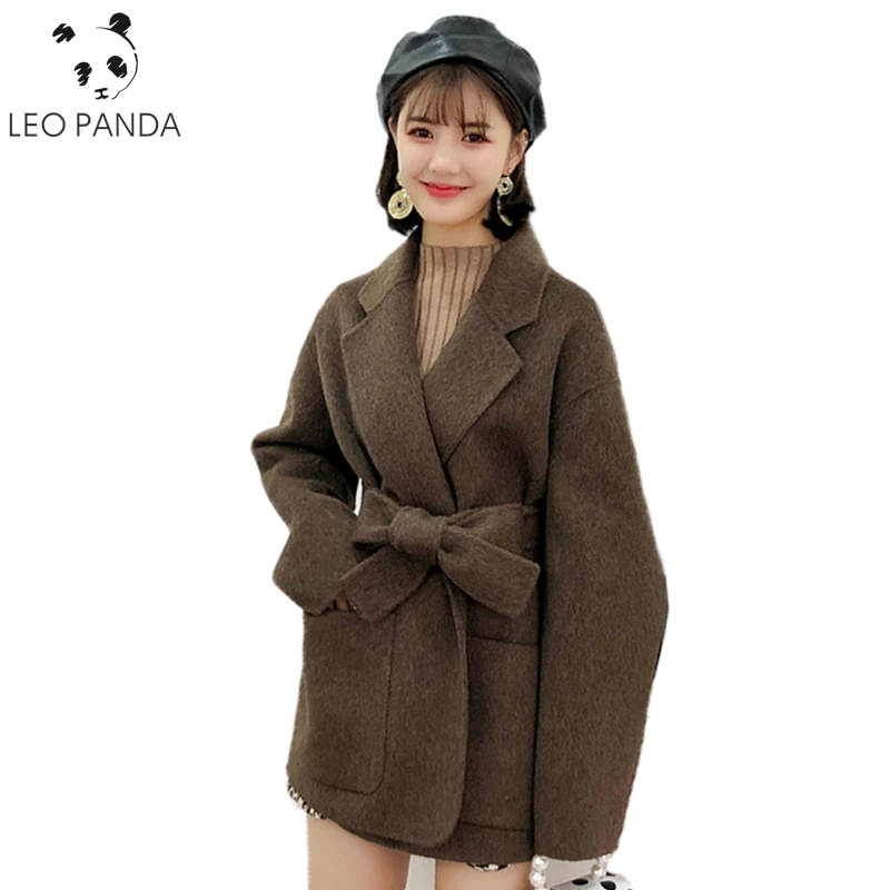 

Winter 2019 New Women Adjustable Waist V-Neck Manually Two-Sided Alpaca Coat Female Open Stitch Slim Fashion Overcoat C 414