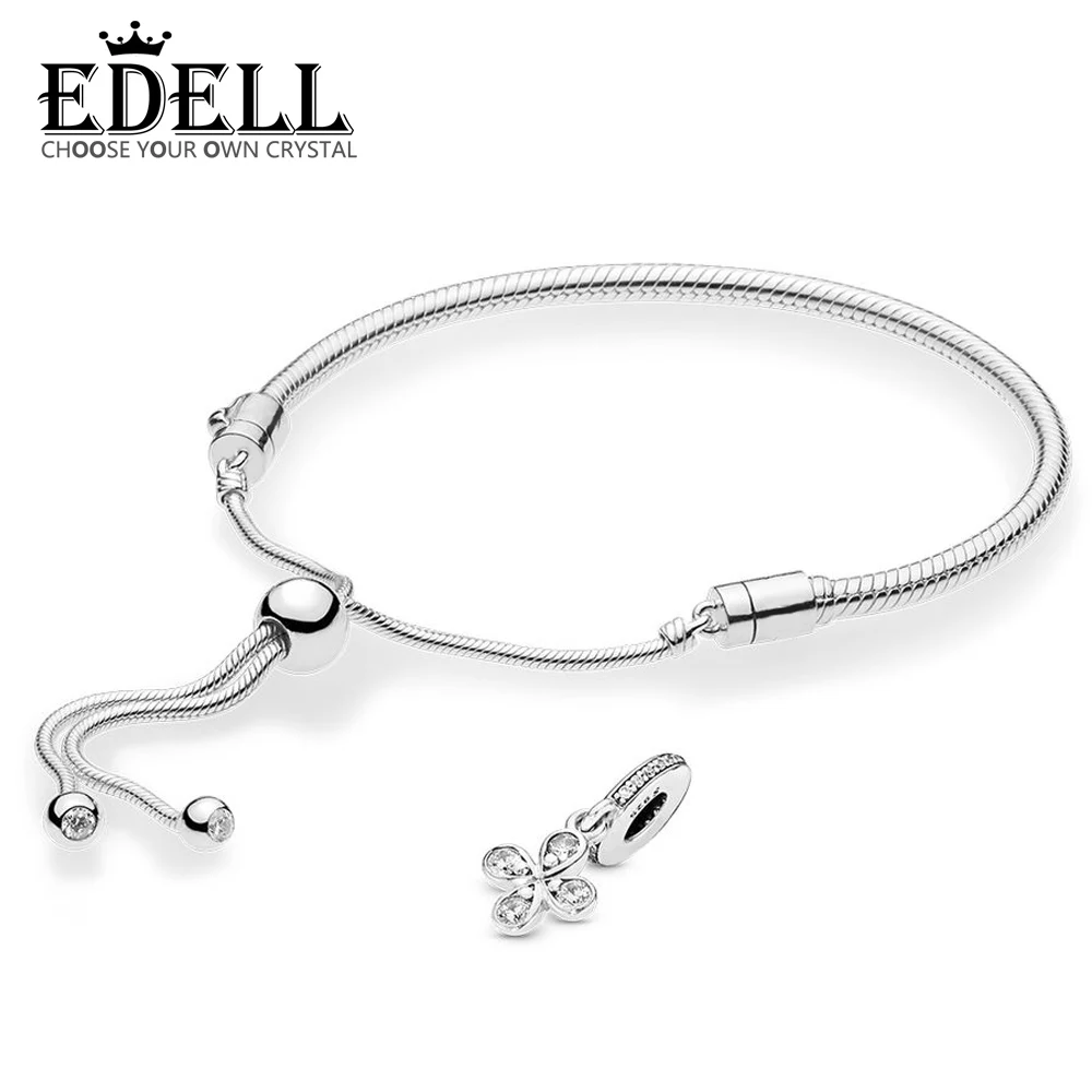 

EDELL 100% 925 Sterling Silver NewFour Petal Flower Sliding Armband Pendant Bracelet Gift Set Adjustable Size 597125 797969CZ