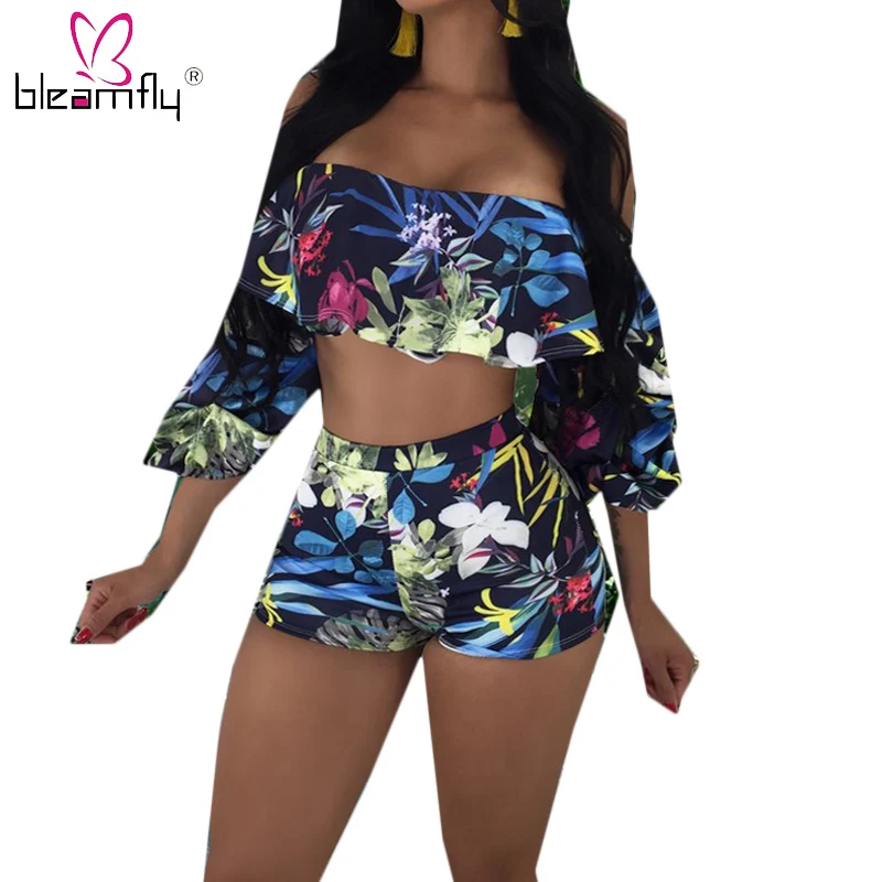 

Boho Floral Print Sexy Two Piece Set Women Slash Neck Lantern Sleeve Ruffles Crop Top+Summer Beach Slim Short Casual Tracksuit