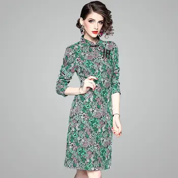 

2019 Dress Sexy Fashion Print Wrist Vintage Embroidery Women Mandarin Collar Jaequard Night Club Body con Dresses Wholesale