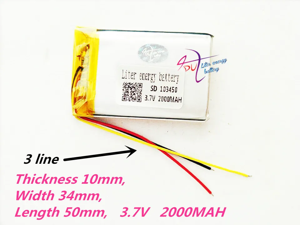 3 провода 103450 3,7 V 2000MAH литий-полимерная аккумуляторная батарея для MP3 gps навигатора DVD рекордер гарнитура электронная книга камера