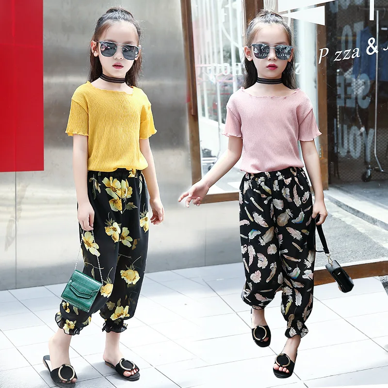 

Summer Children Clothing Short Sleeve Top Tee + Flower Wide Leg Pants 2pcs Chiffon Suit Clothes for Girls 6 8 10 12 14 Years Old