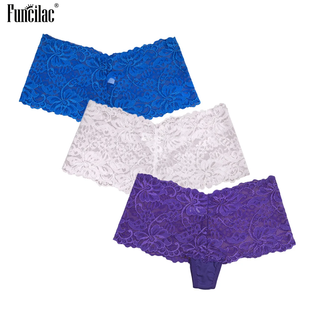 

FUNCILAC Women Sexy Underwear Cotton Lace Transparent Hollow Lady Girl Boyshorts Solid Boxer Panties Comfortable 3Pcs/Lot M-2XL